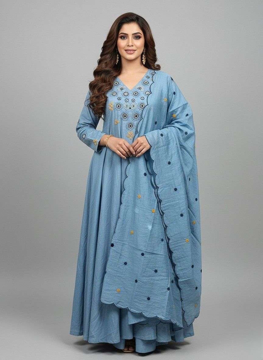 Embroidered Mul Chanderi Anarkali Kurti Set