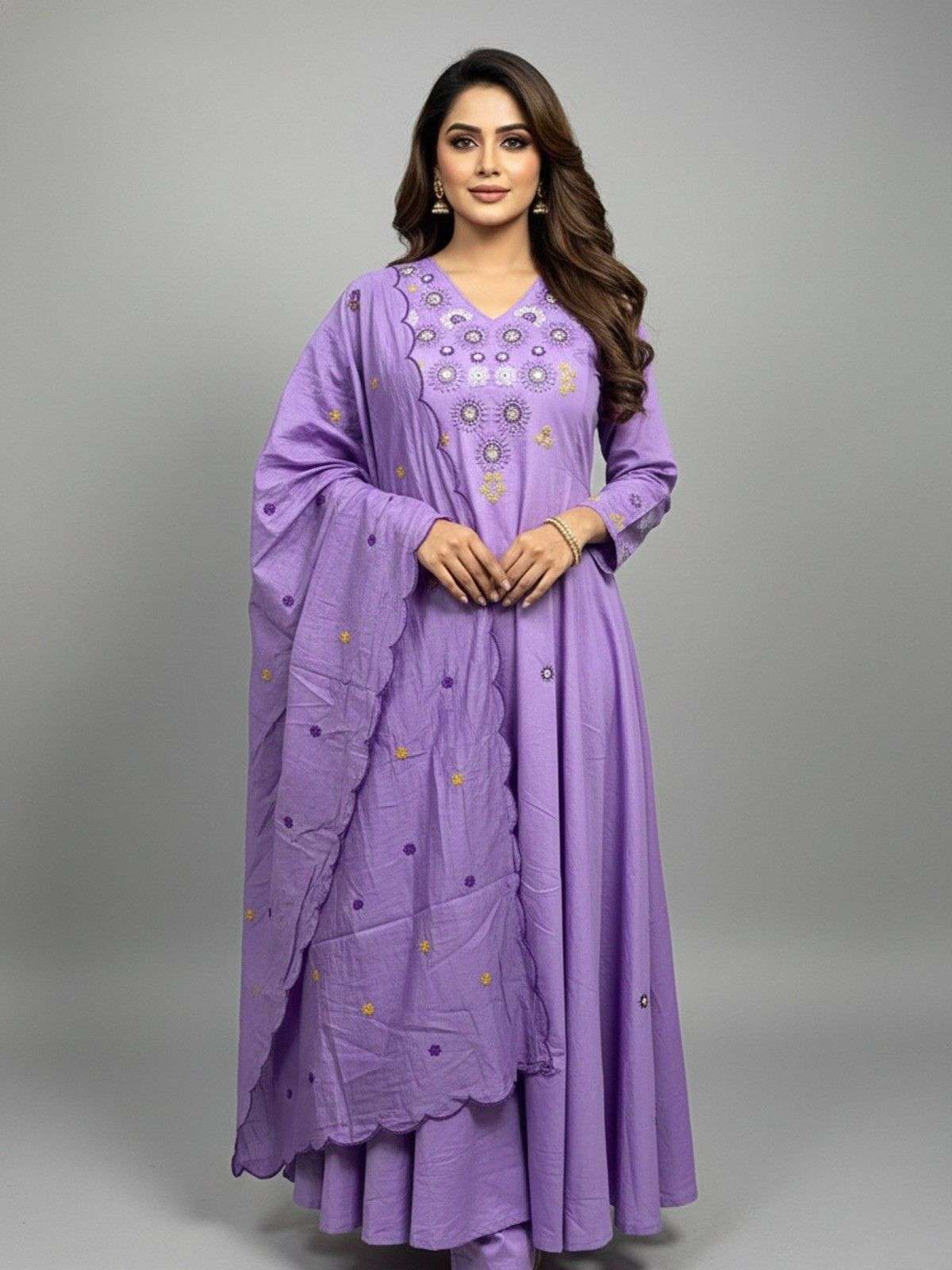 Embroidered Mul Chanderi Anarkali Kurti Set