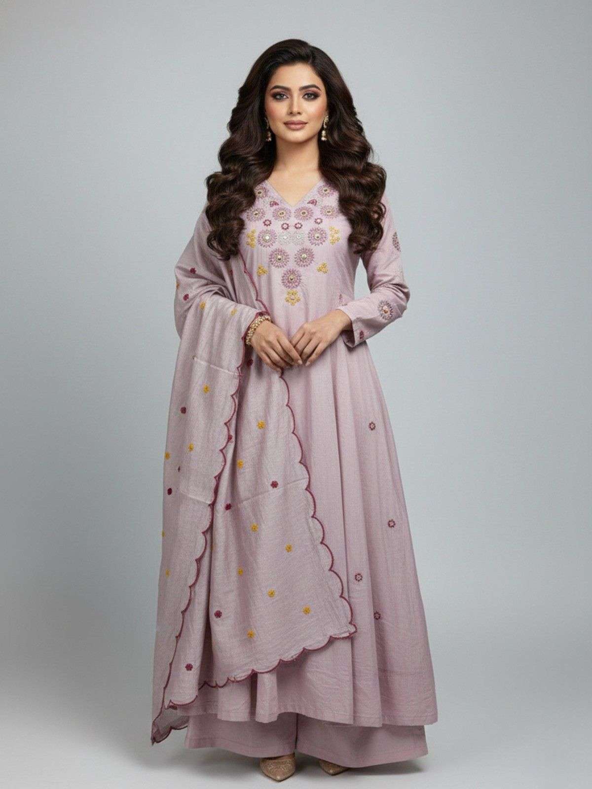 Embroidered Mul Chanderi Anarkali Kurti Set