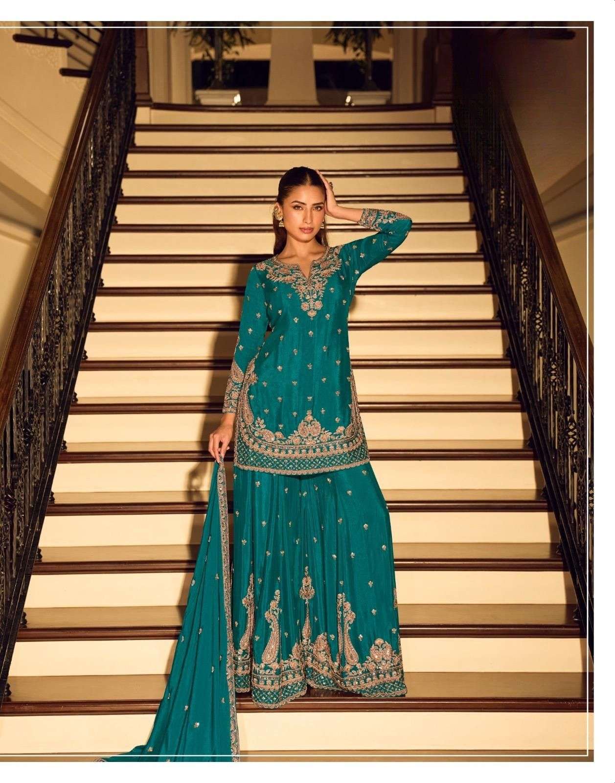 Heavy Beads Embroidered Chinon Silk Sharara Set with Designer Dupatta