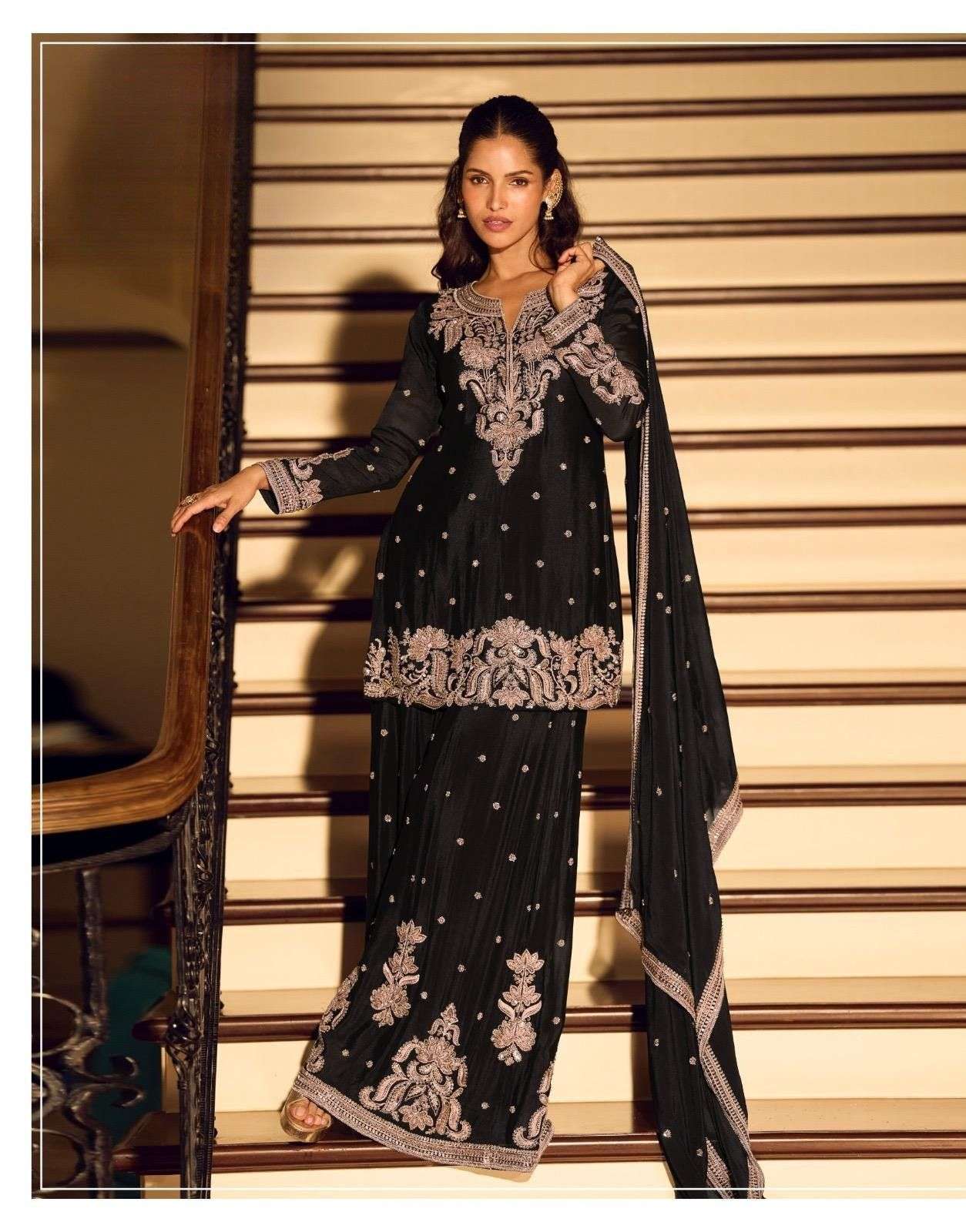 Heavy Beads Embroidered Chinon Silk Sharara Set with Designer Dupatta