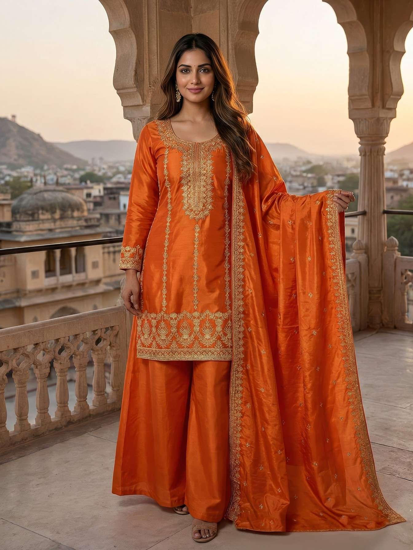 HO Fabric Kurti Palazzo Set with Traditional Embroidery & Matching Dupatta