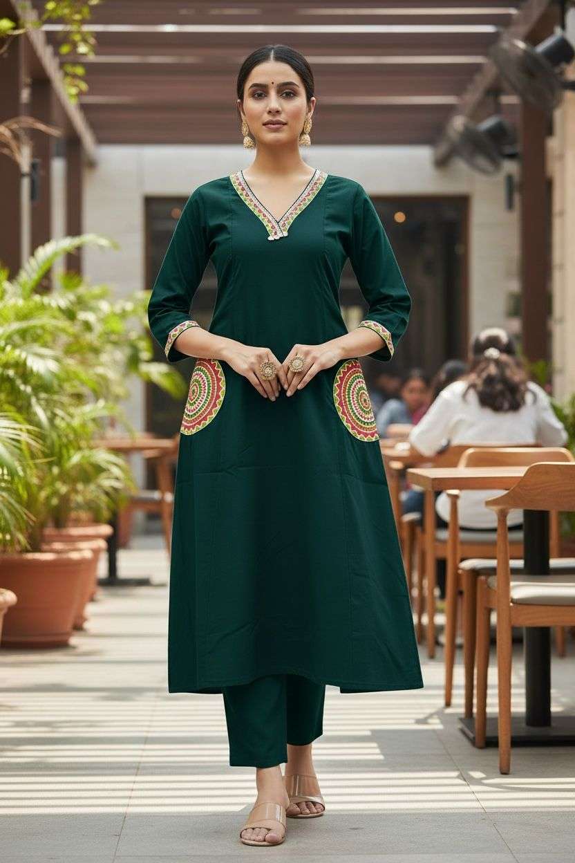 Cotton Dabu Print Kurti Set with Embroidered Neckline