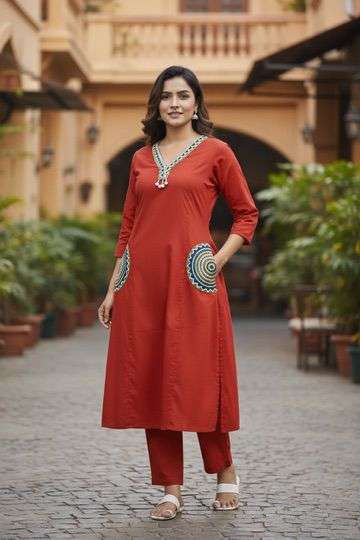 Cotton Dabu Print Kurti Set with Embroidered Neckline