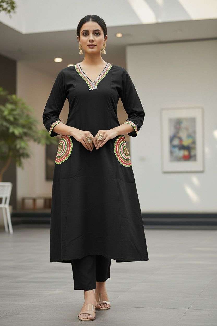 Cotton Dabu Print Kurti Set with Embroidered Neckline