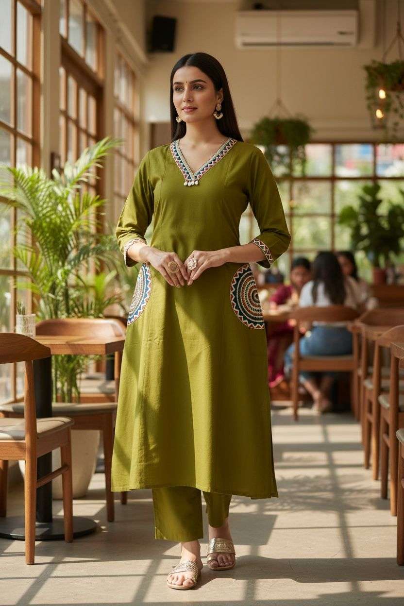 Cotton Dabu Print Kurti Set with Embroidered Neckline