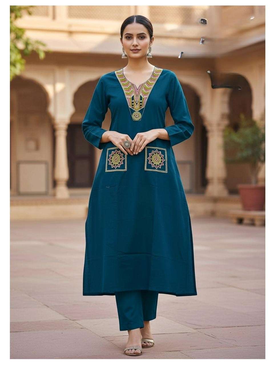 Cotton Dabu Print Kurti Set with Embroidered Neckline & Pocket Motifs