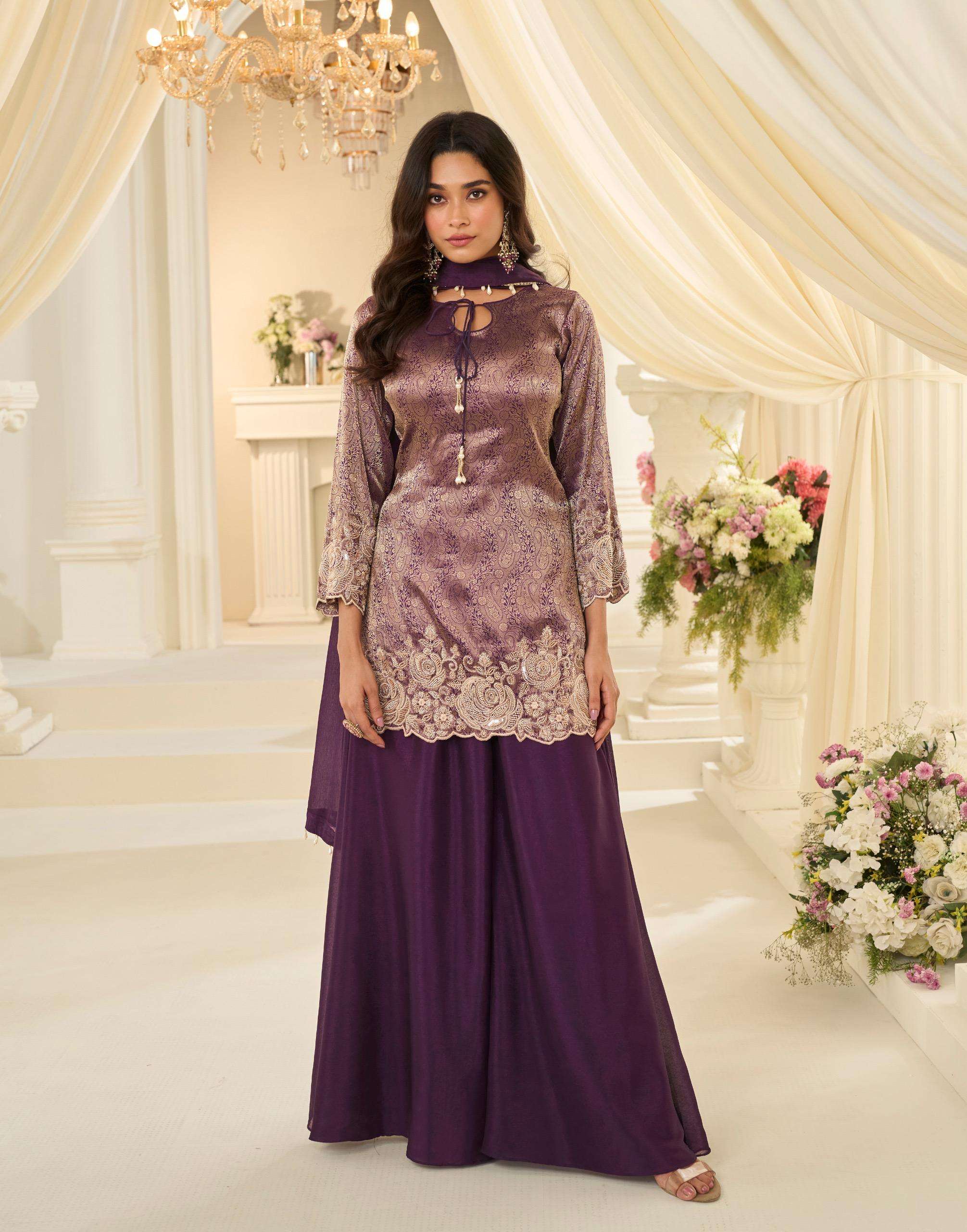 Designer Beads Work Ethnic Set in Viscose Jacquard Silk with Chinon Dupatta