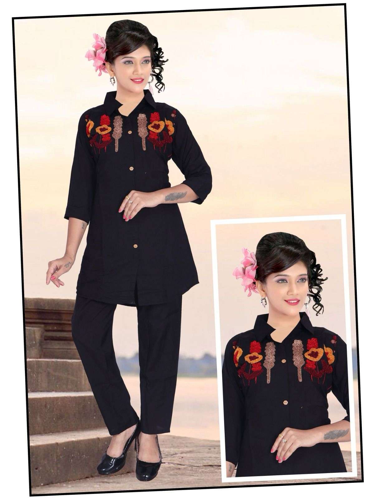 Designer Button-Down Cord Set with Premium Floral Embroidery