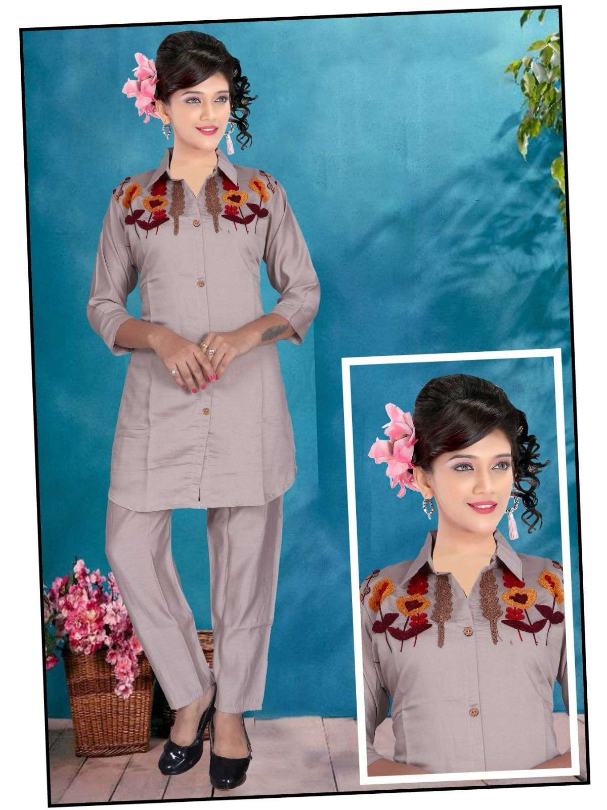 Designer Button-Down Cord Set with Premium Floral Embroidery