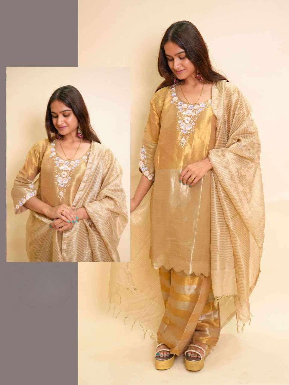 Designer Pure Tissue Silk Outfit with Cutwork & Handwork