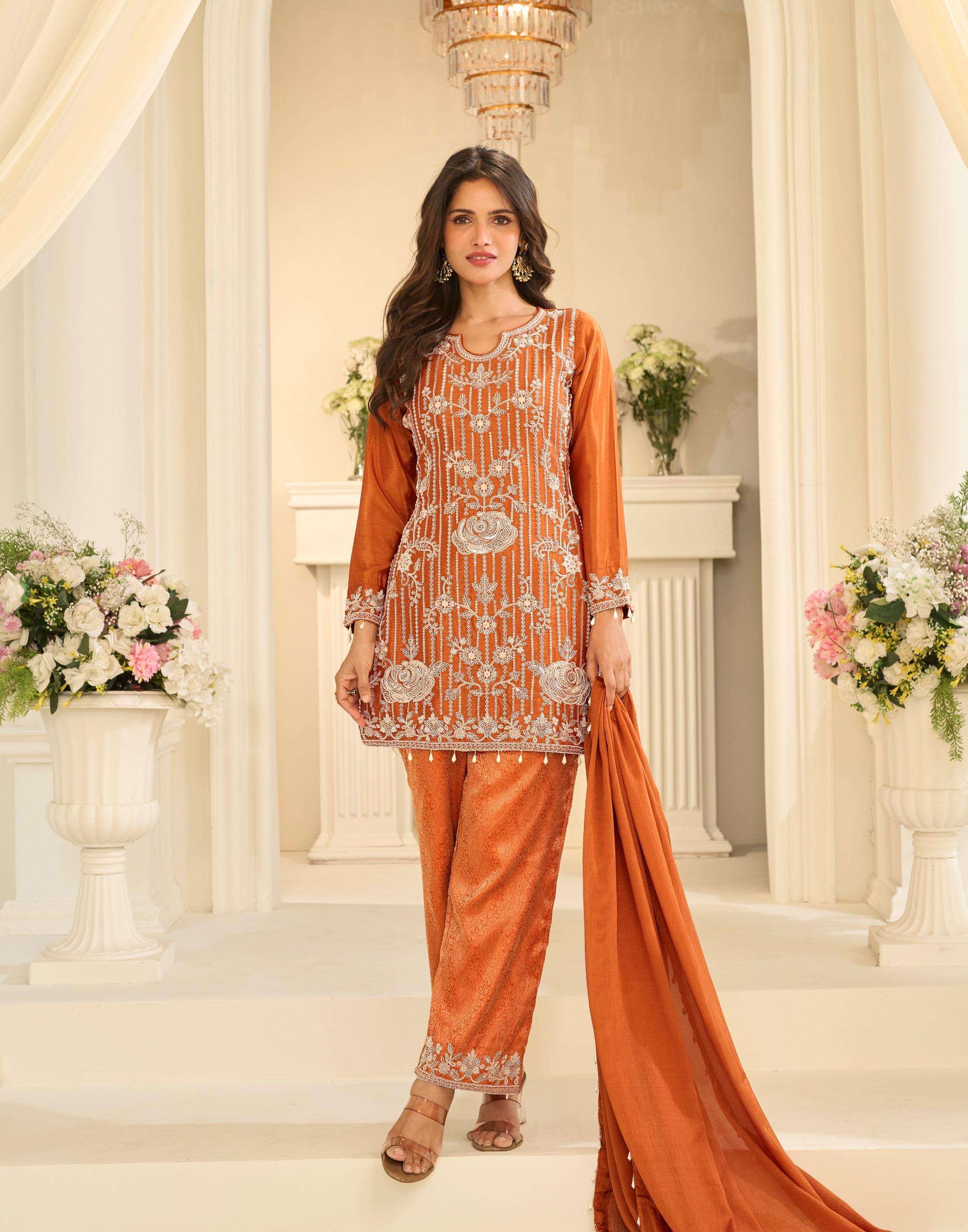 Festive Beads Embroidery Designer Kurti Set with Jacquard Palazzo and Lace Dupatta