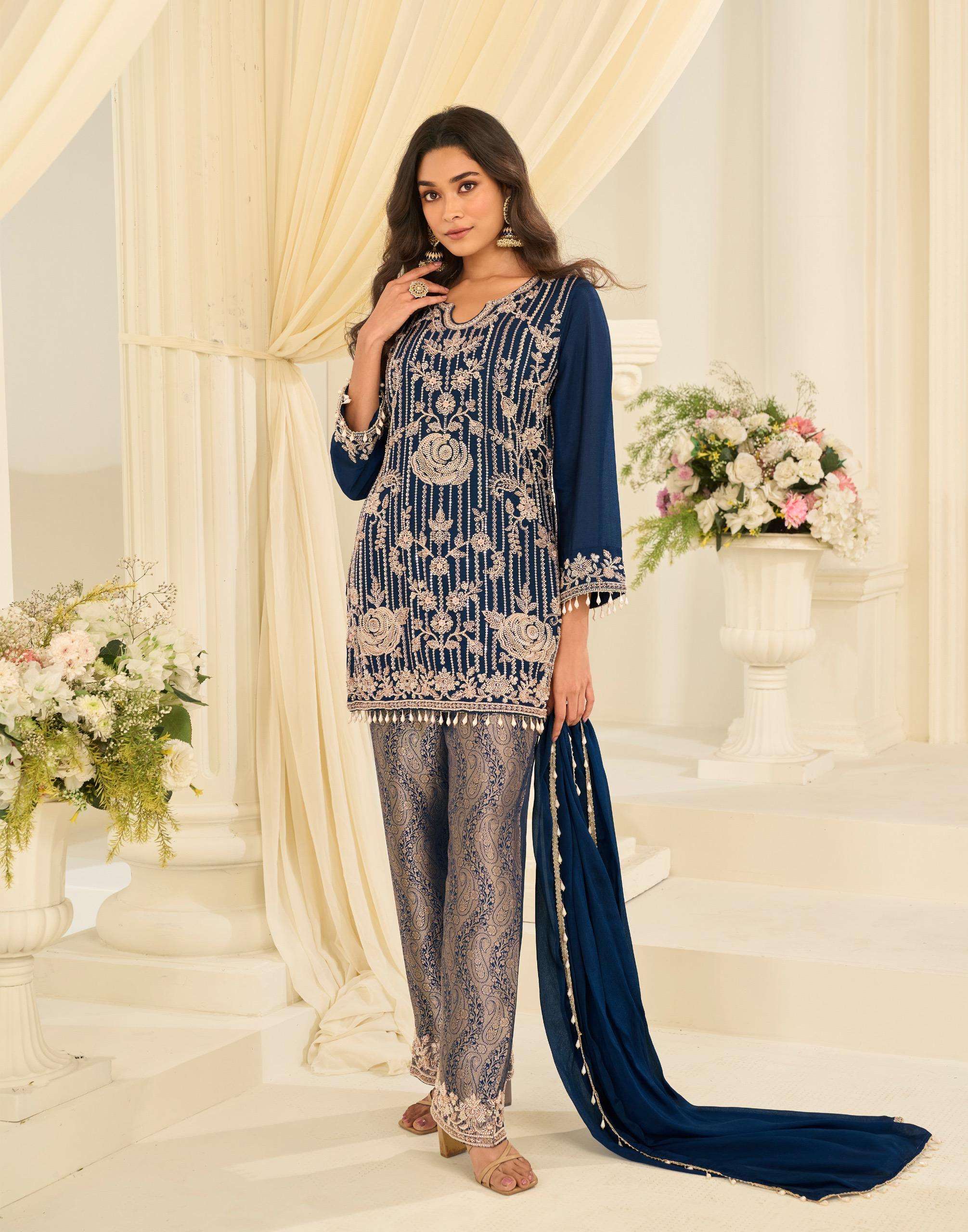 Festive Beads Embroidery Designer Kurti Set with Jacquard Palazzo and Lace Dupatta