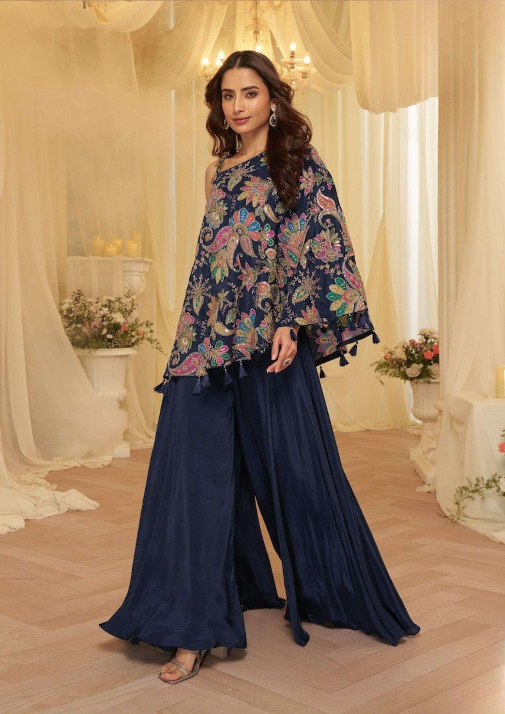 Latest Trendy & Stylish Viscose Crepe Position Embroidery Printed Cape Top with Blouse & Palazzo