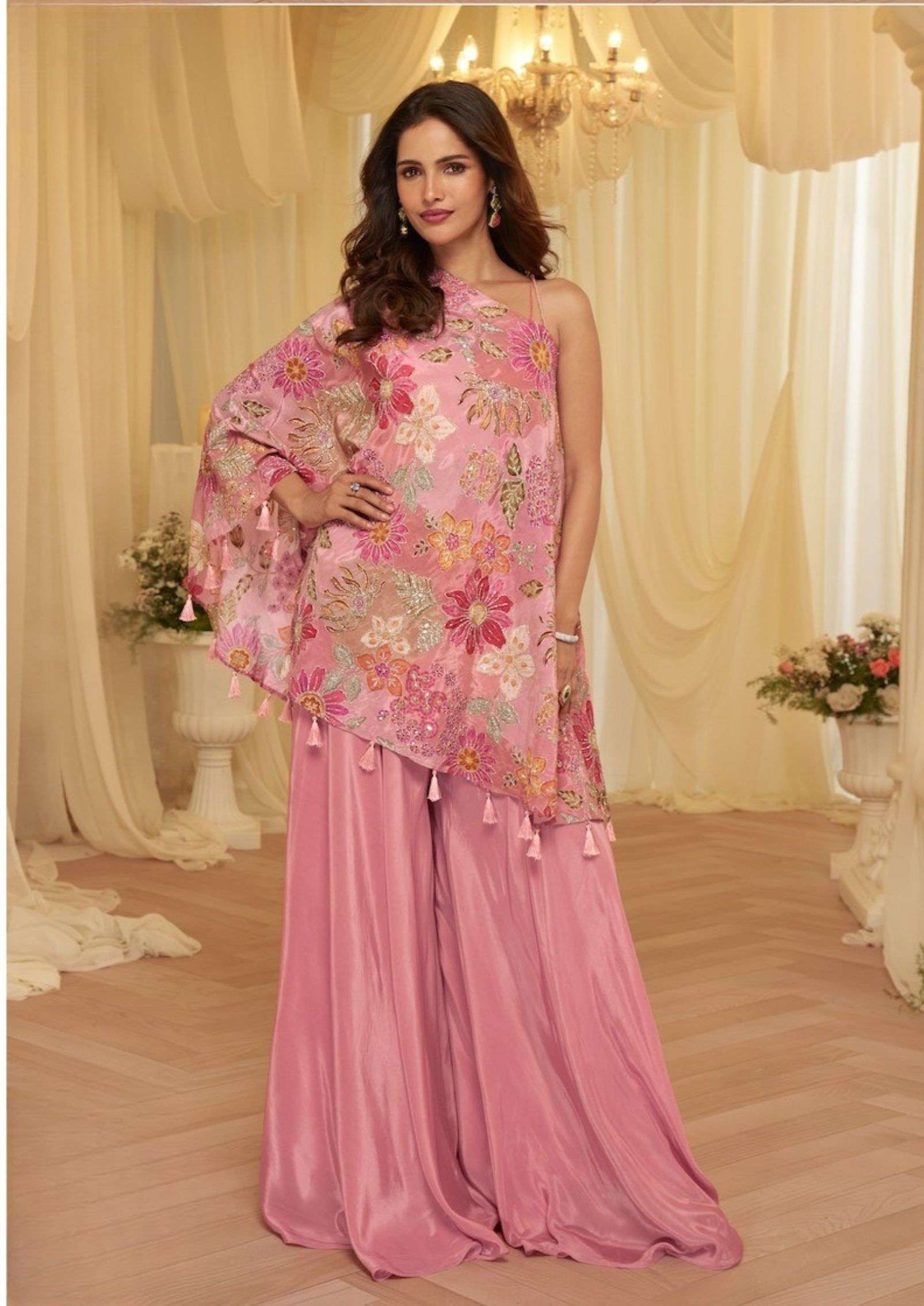 Latest Trendy & Stylish Viscose Crepe Position Embroidery Printed Cape Top with Blouse & Palazzo