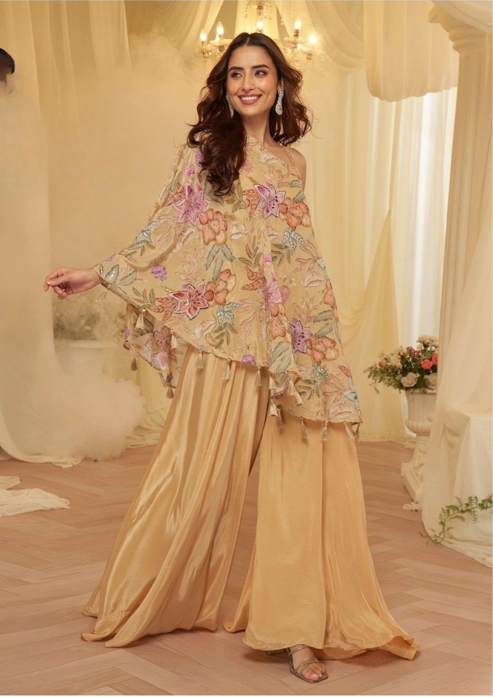Latest Trendy & Stylish Viscose Crepe Position Embroidery Printed Cape Top with Blouse & Palazzo