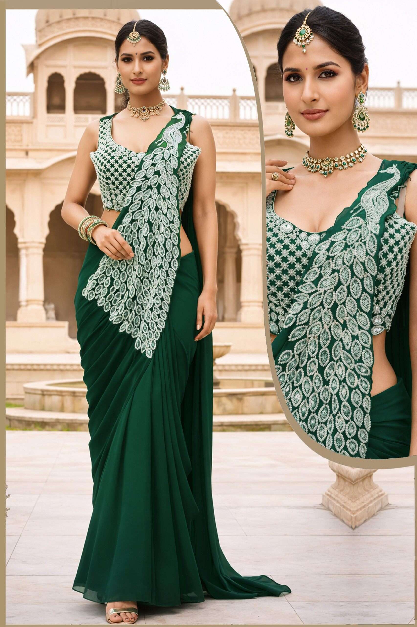 Luxe Emerald Designer Georgette Saree with Intricate Silver Work