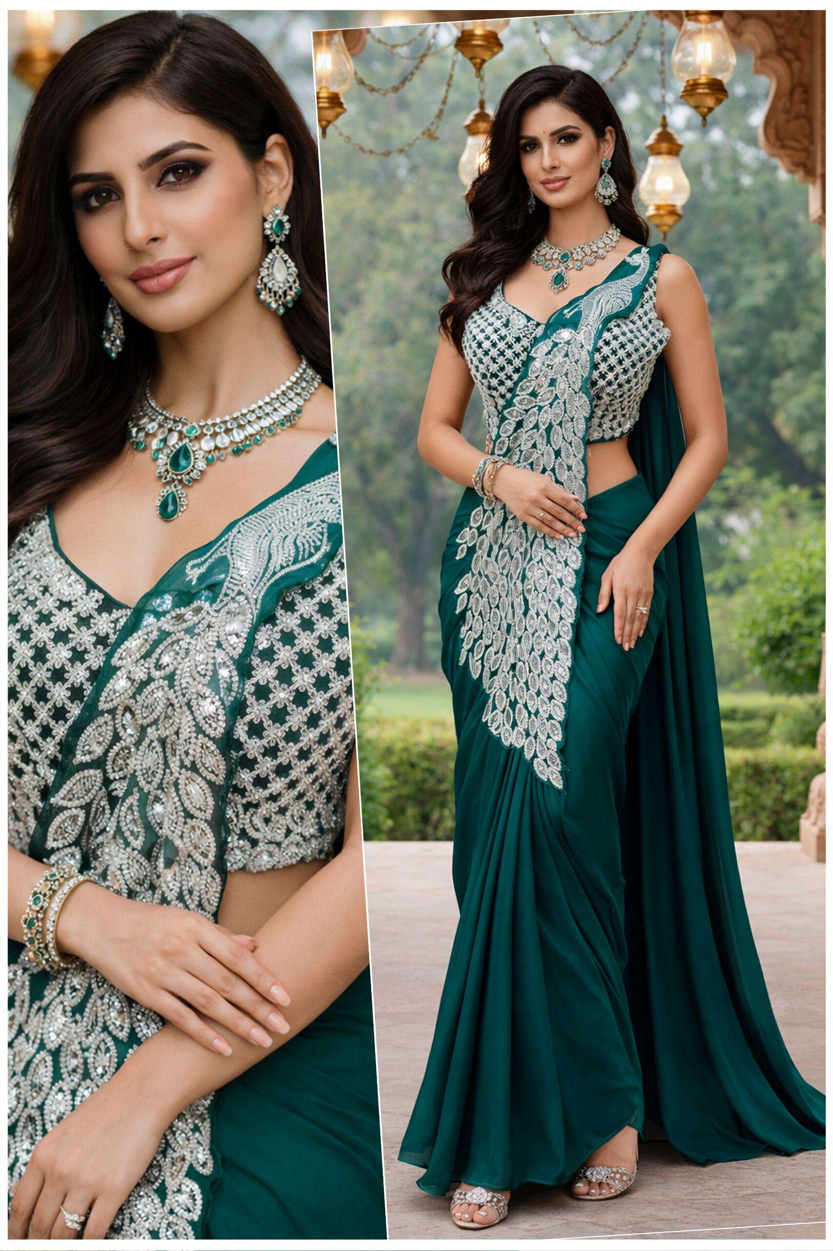 Luxe Emerald Designer Georgette Saree with Intricate Silver Work