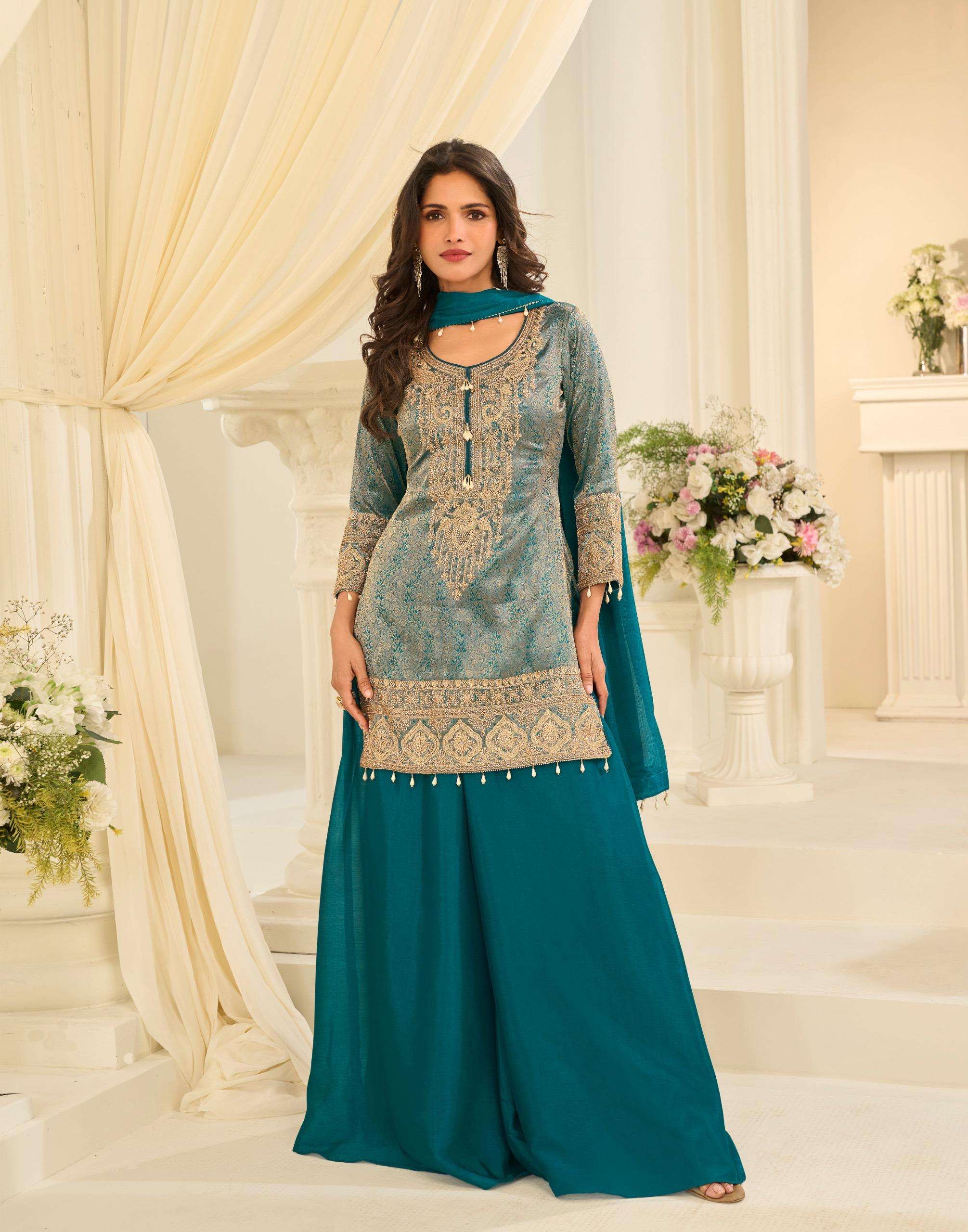 Premium Viscose Jacquard Beads Work Embroidered Suit with Palazzo & Chinon Dupatta