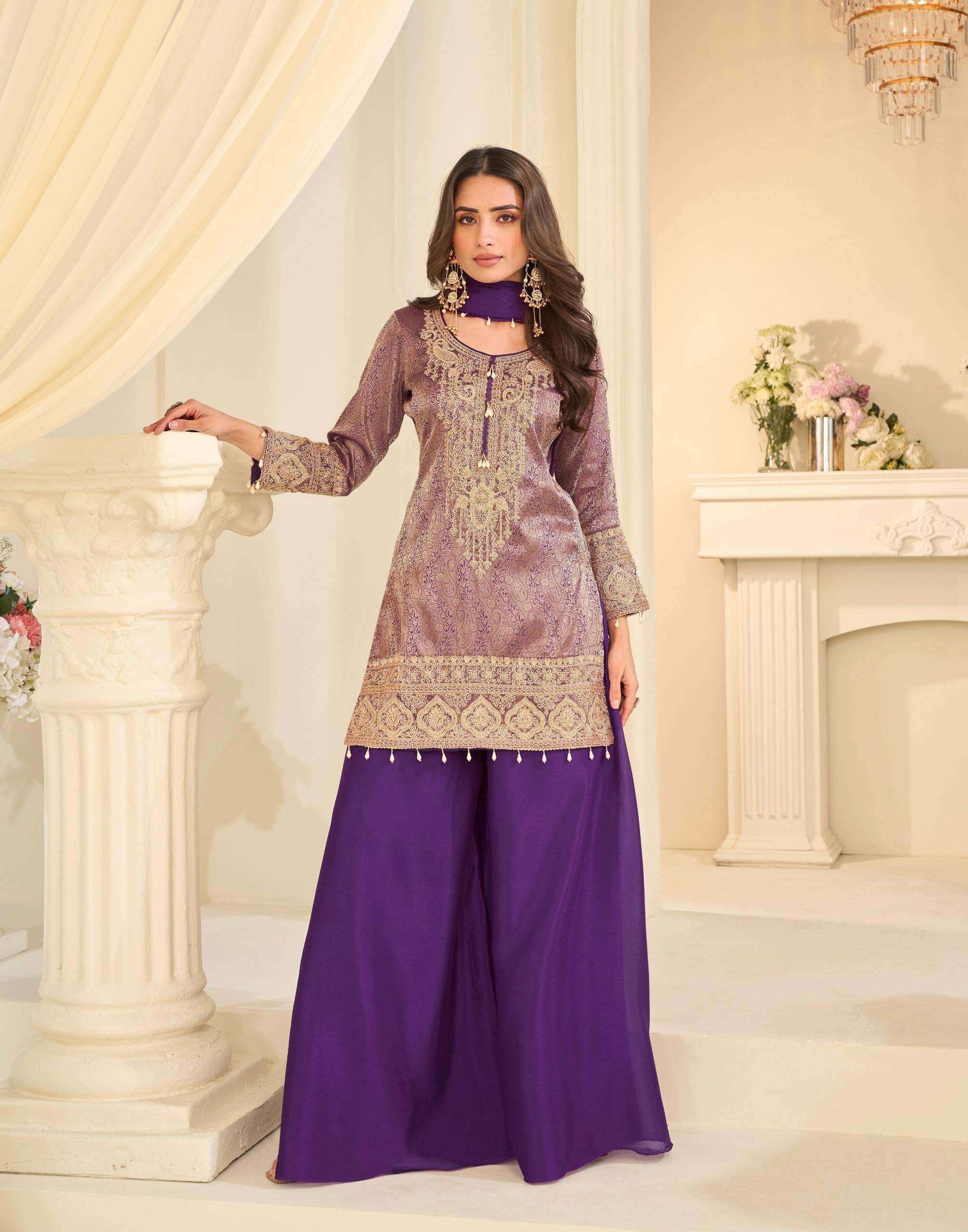 Premium Viscose Jacquard Beads Work Embroidered Suit with Palazzo & Chinon Dupatta