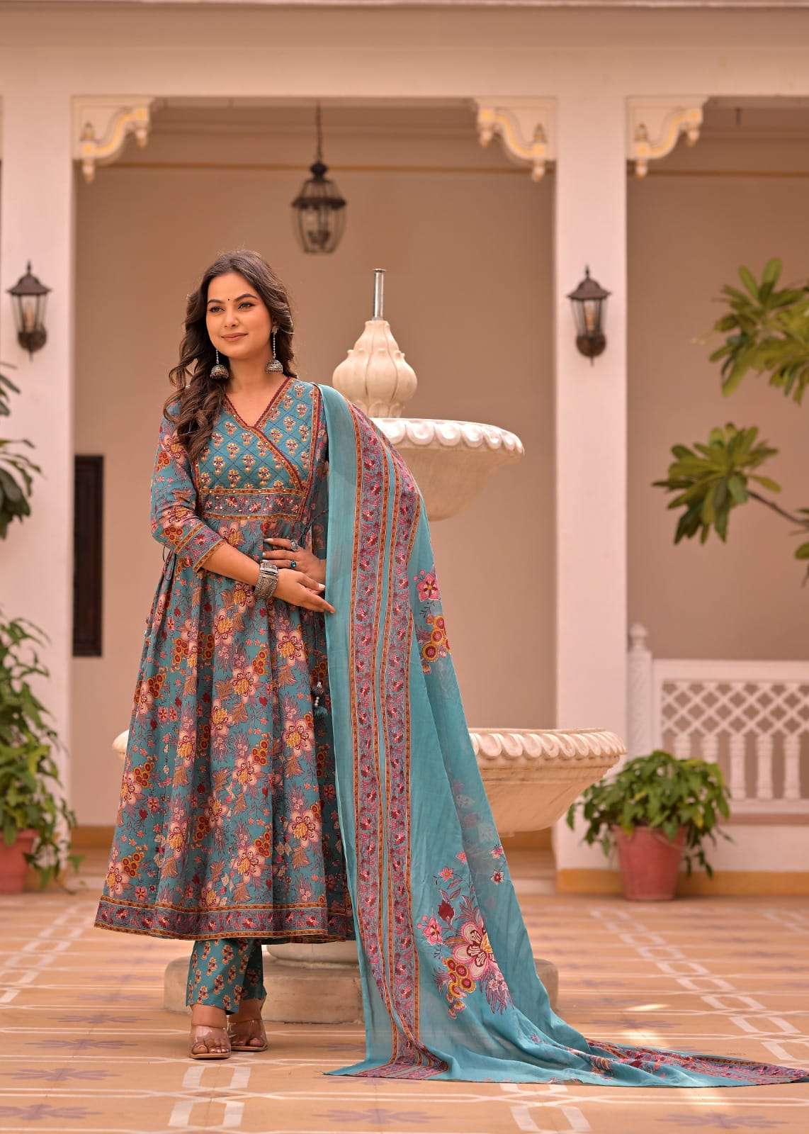 Pure Cotton Mustard Floral Printed Anarkali Set with Dupatta