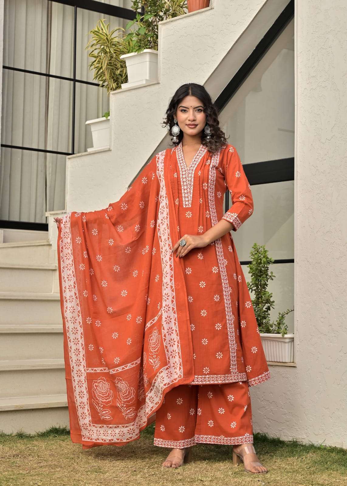 Pure Cotton Plum Floral Kurta Set with Dupatta