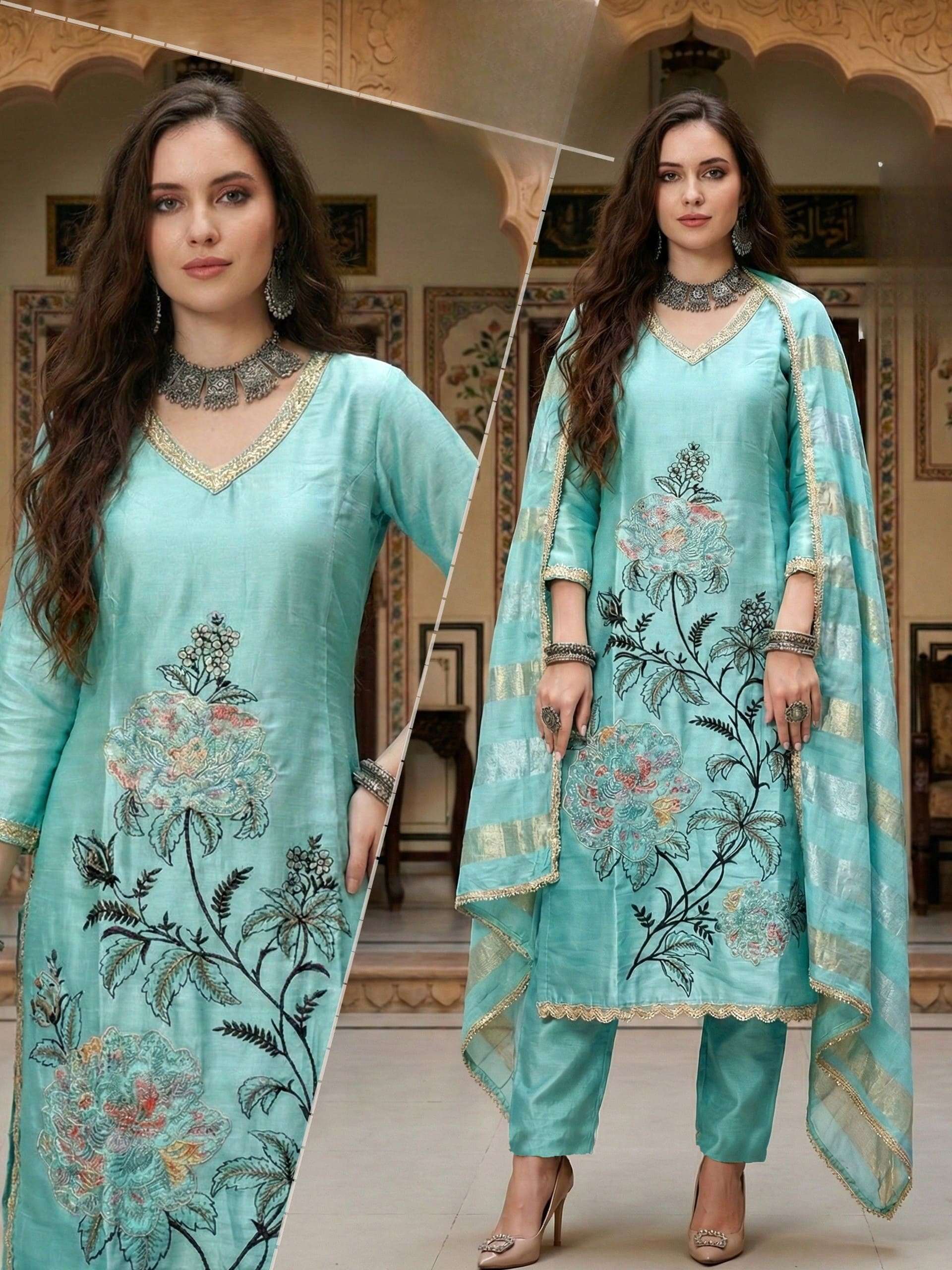 Royal Look Roman Glad Dress Material with Handwork