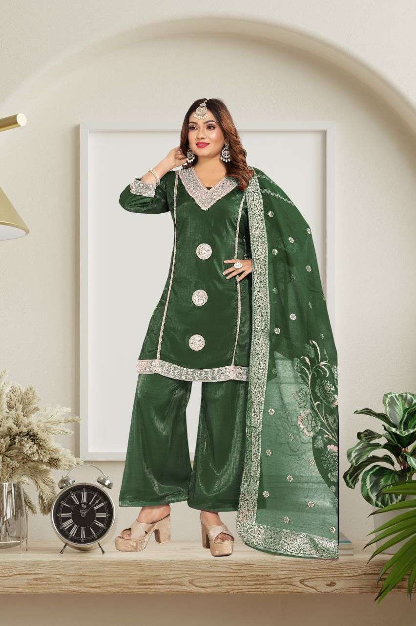 Shimmer Pakistani Work Kurti Palazzo Set with Jacquard Dupatta
