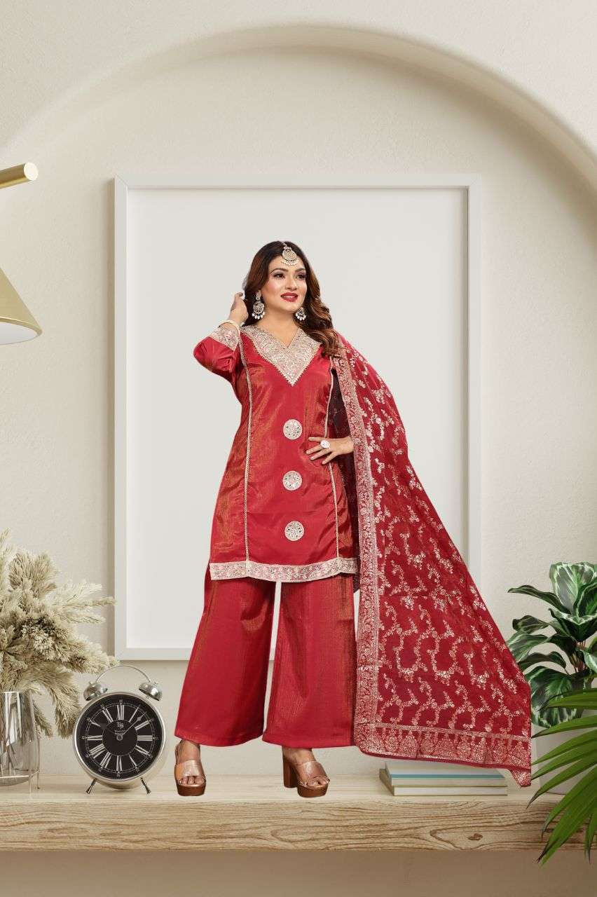 Shimmer Pakistani Work Kurti Palazzo Set with Jacquard Dupatta