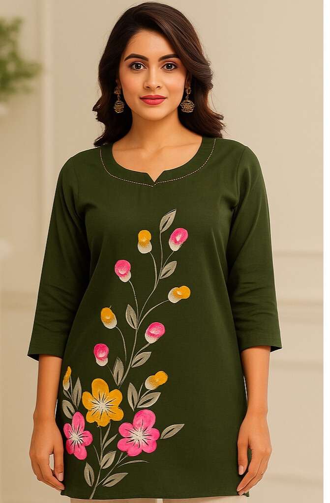 Women’s Printed Cotton Short Top with Vertical Floral Motif