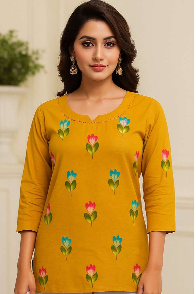 Women’s Printed Cotton Short Top with Vertical Floral Motif