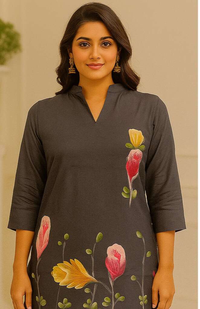 Women’s Printed Cotton Short Top with Vertical Floral Motif