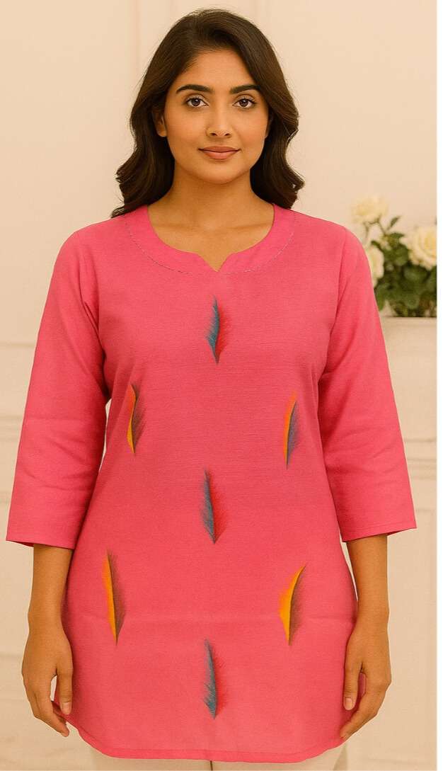 Women’s Printed Cotton Short Top with Vertical Floral Motif