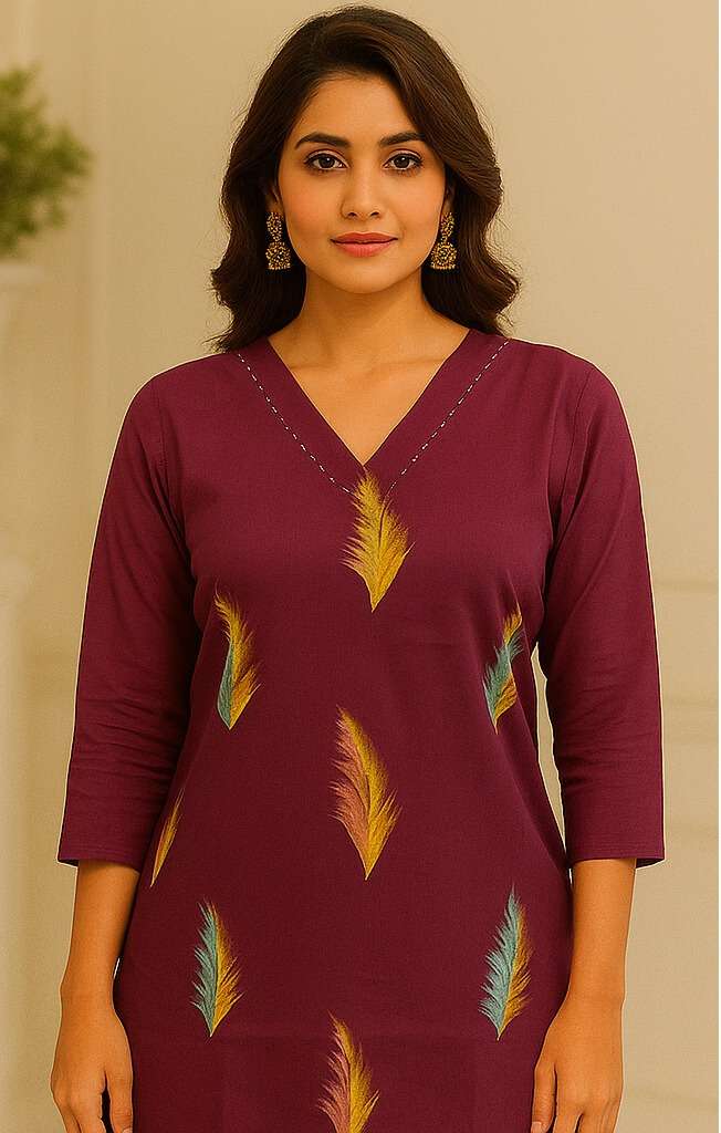 Women’s Printed Cotton Short Top with Vertical Floral Motif