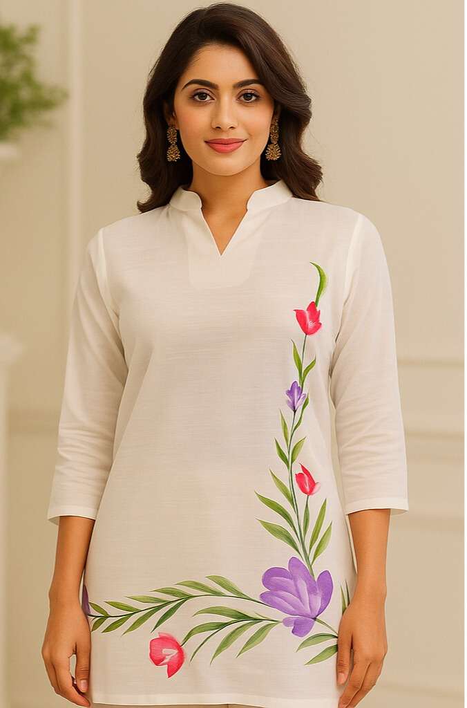 Women’s Printed Cotton Short Top with Vertical Floral Motif