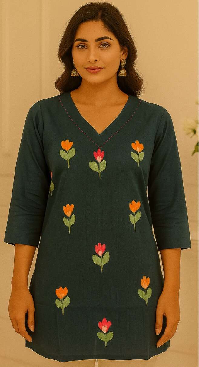 Women’s Printed Cotton Short Top with Vertical Floral Motif
