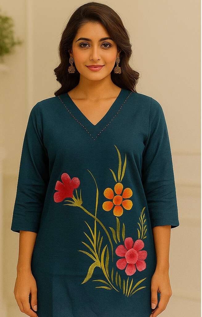 Women’s Printed Cotton Short Top with Vertical Floral Motif