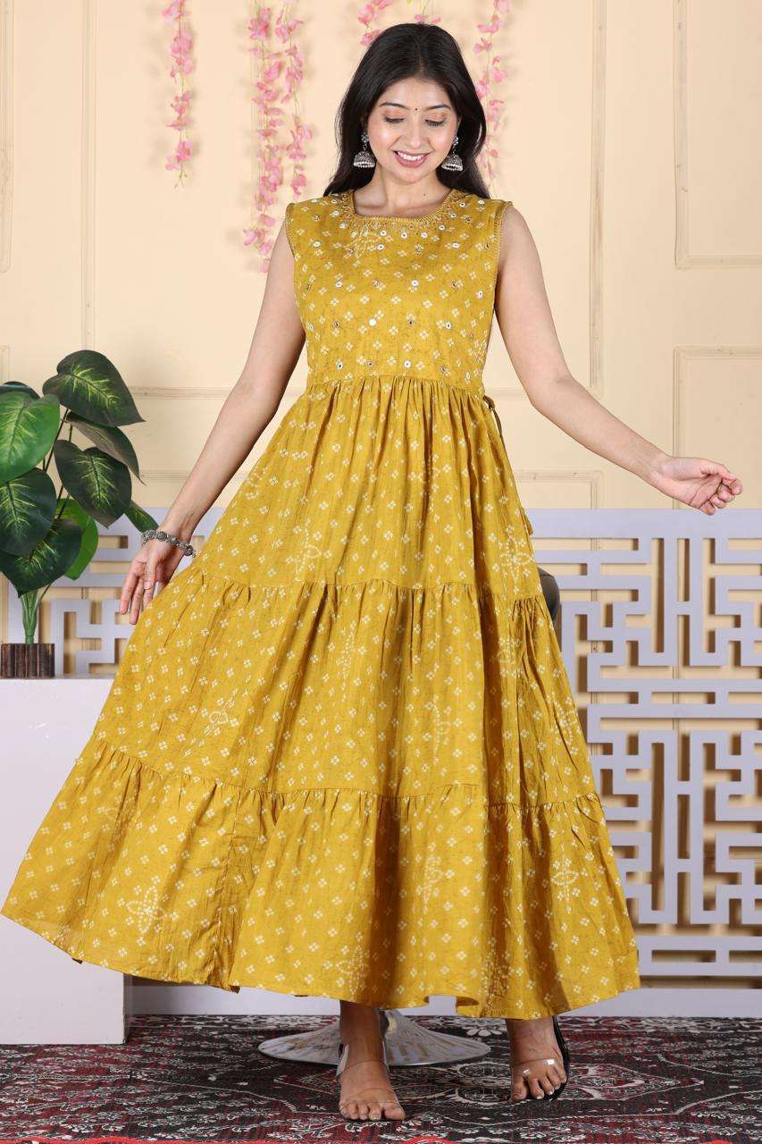 Floral Printed Cotton Long Dress with Gathered Layers