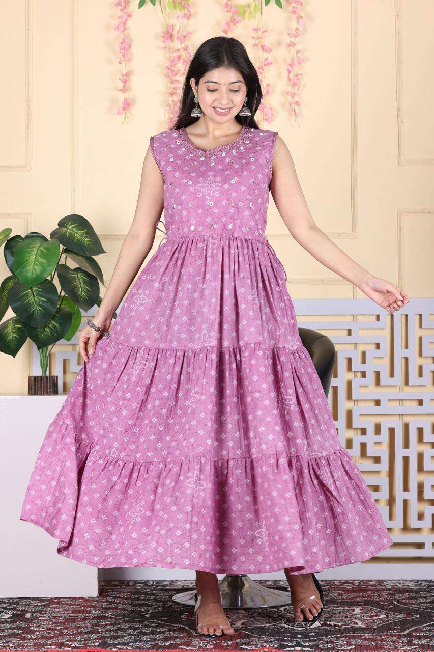 Floral Printed Cotton Long Dress with Gathered Layers
