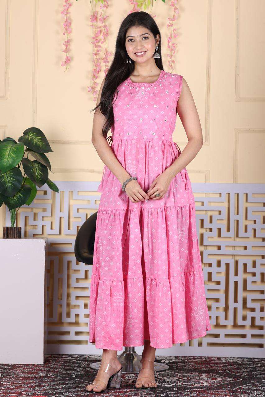 Floral Printed Cotton Long Dress with Gathered Layers