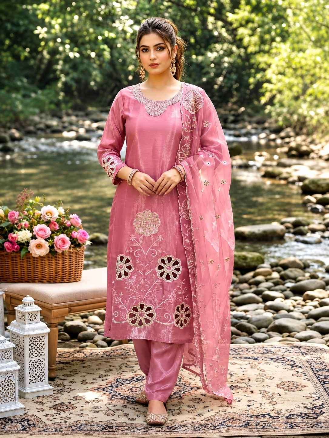 Floral Embroidered Organza Dupatta Suit Set
