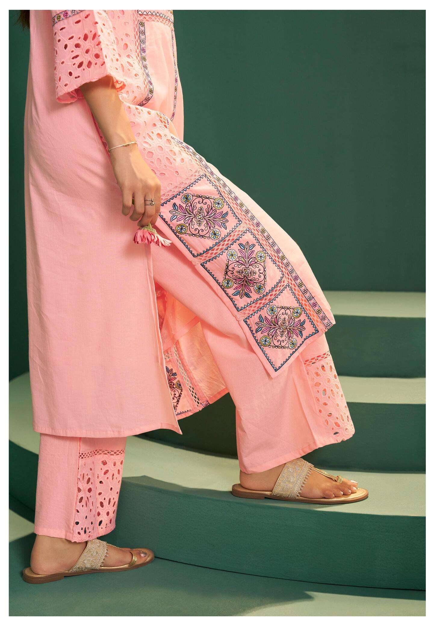 light pink Embroidered Kurta Palazzo Set with Dupatta