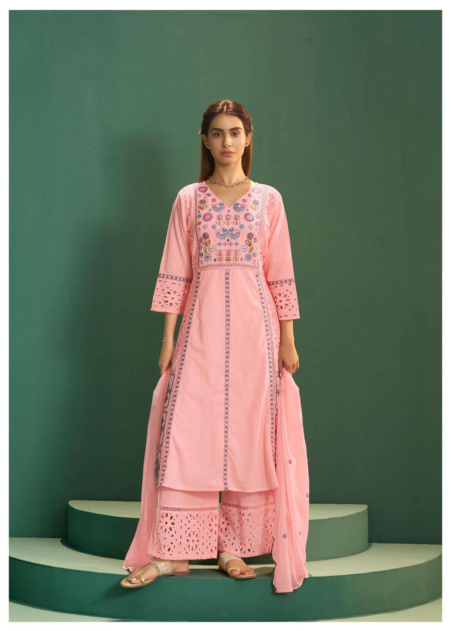 light pink Embroidered Kurta Palazzo Set with Dupatta