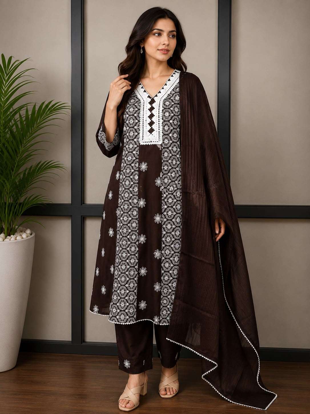 Ruby Red Traditional Suit with Delicate White Embroidery
