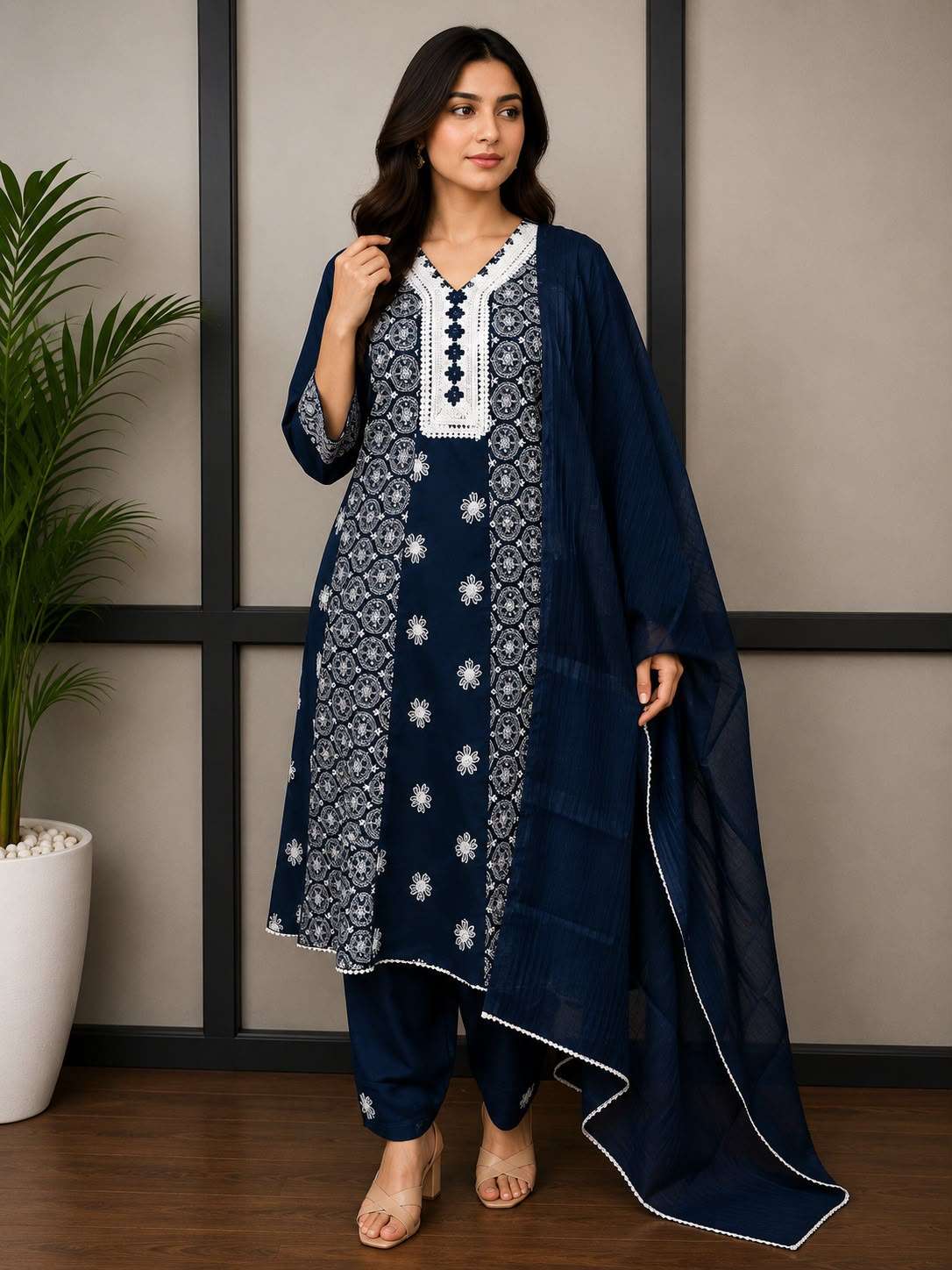 Ruby Red Traditional Suit with Delicate White Embroidery