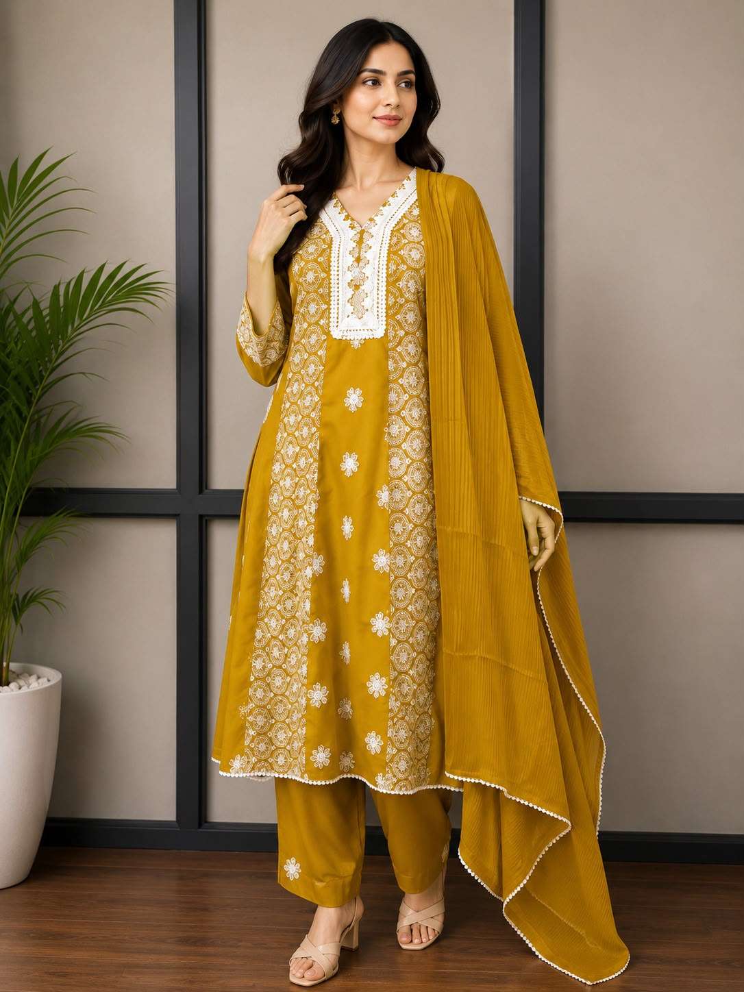 Ruby Red Traditional Suit with Delicate White Embroidery