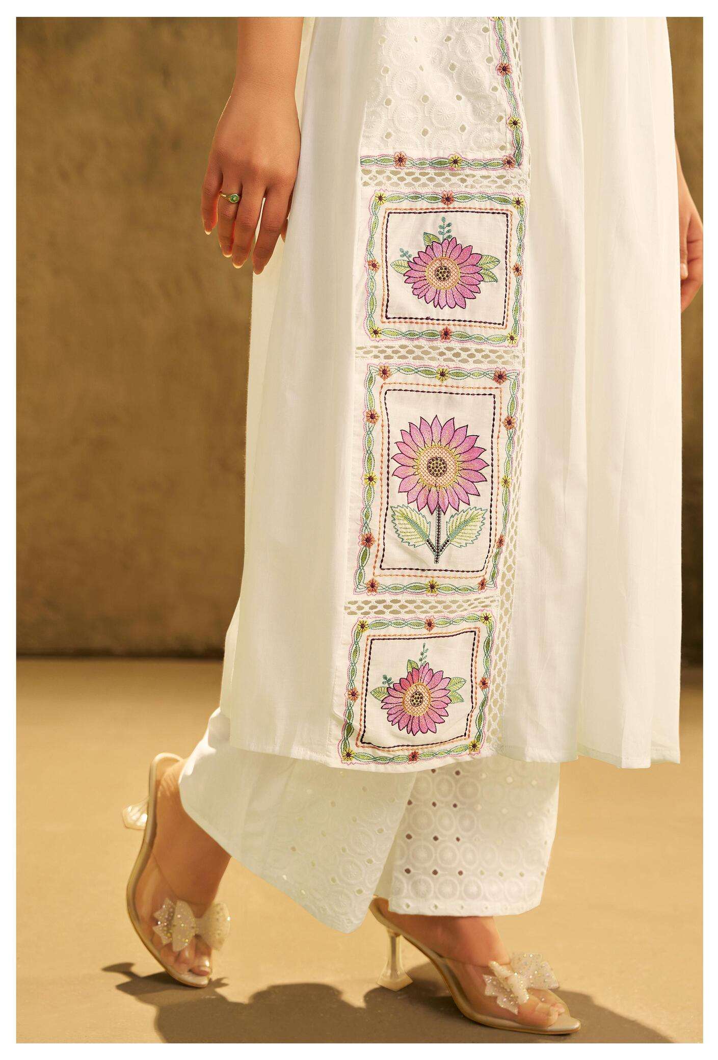 white Embroidered Kurta Palazzo Set with Dupatta