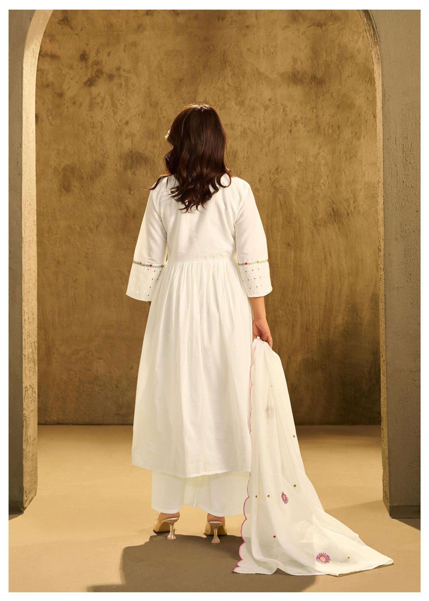 white Embroidered Kurta Palazzo Set with Dupatta