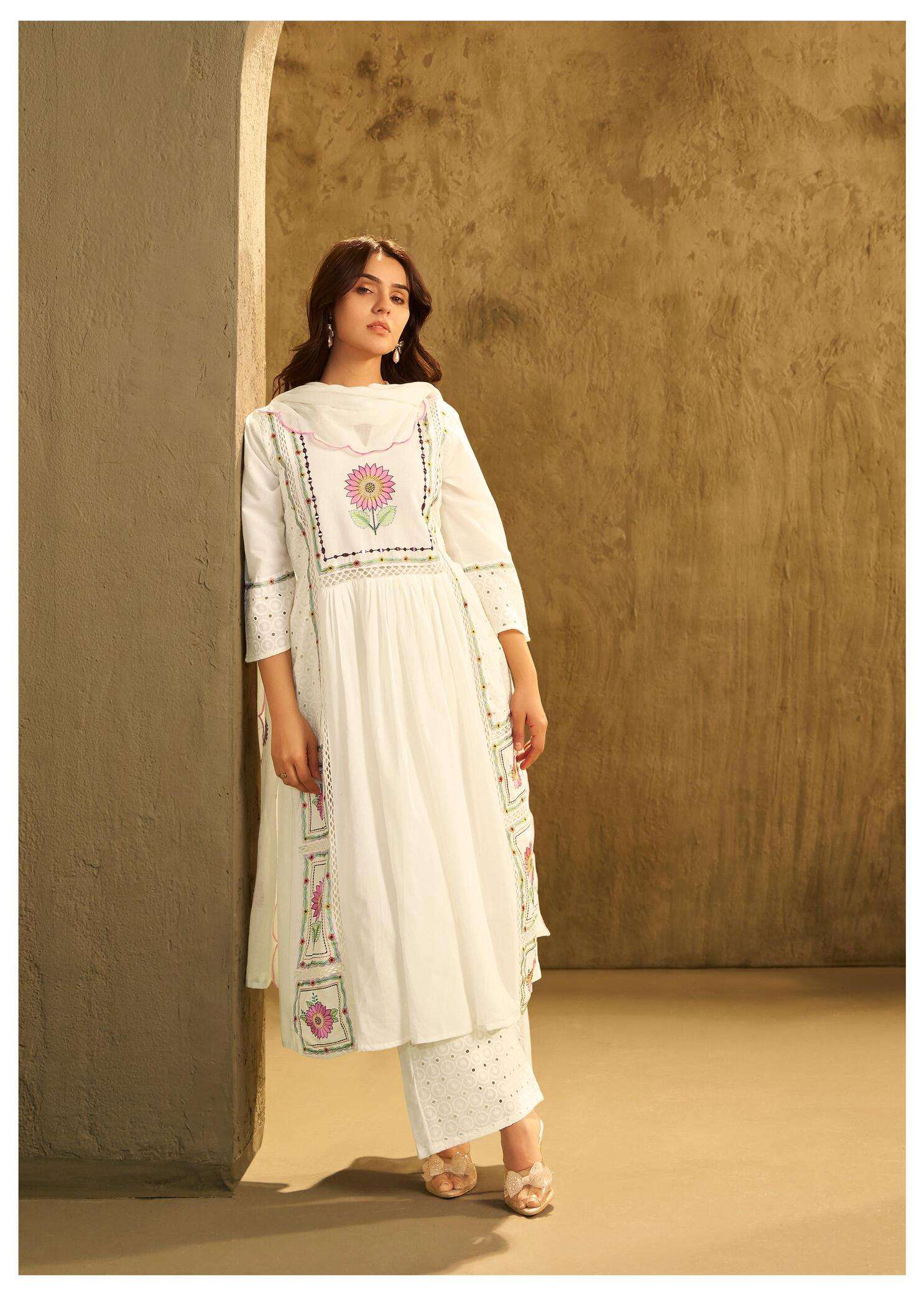 white Embroidered Kurta Palazzo Set with Dupatta