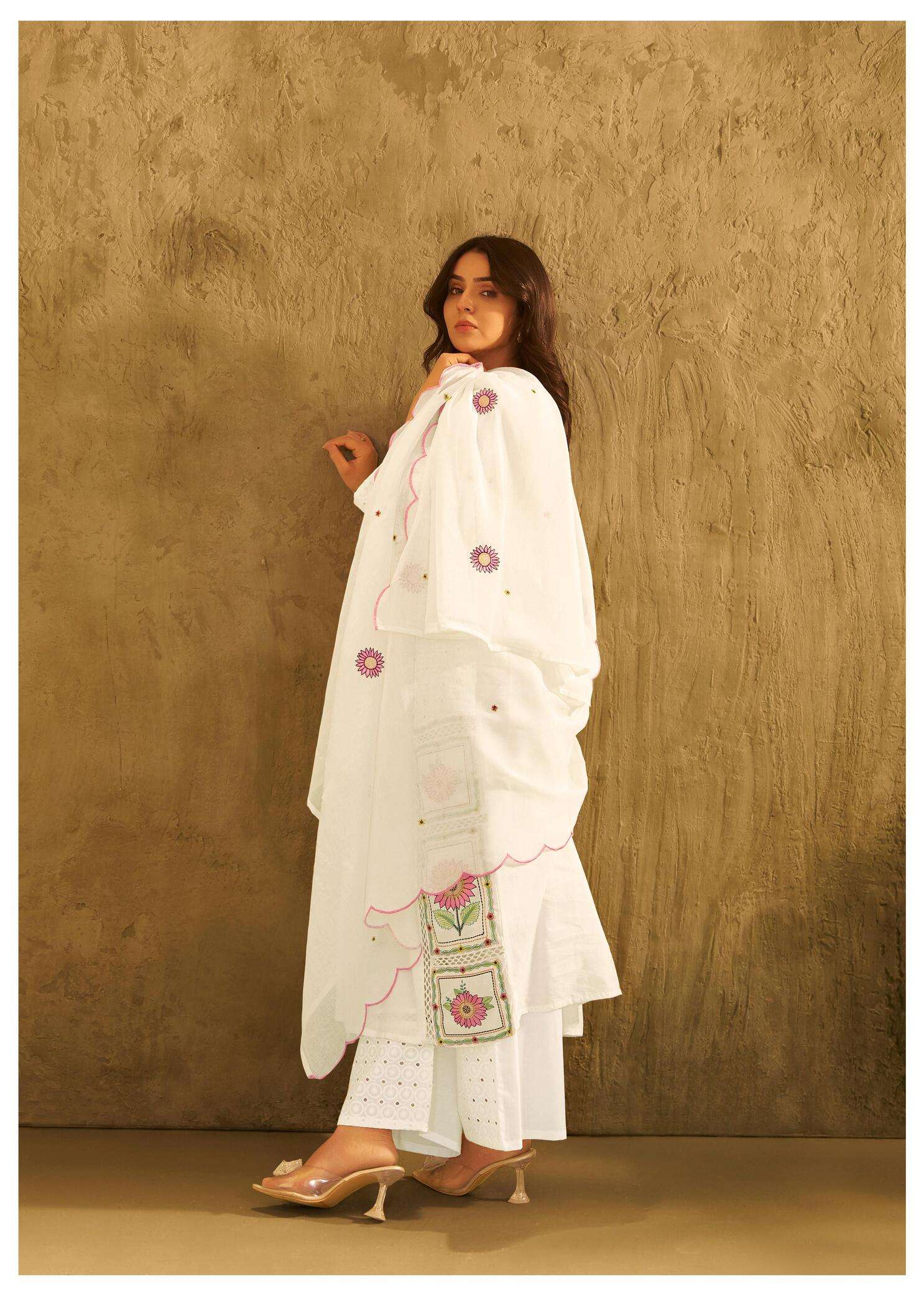 white Embroidered Kurta Palazzo Set with Dupatta